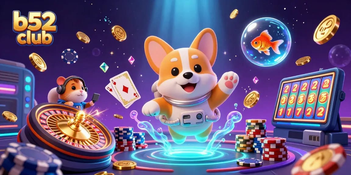 Experience the excitement at b52 club with a whimsical casino scene featuring a floating astronaut corgi.
