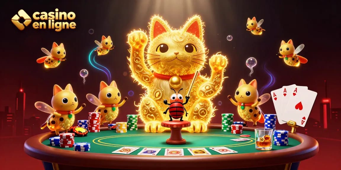 Visualisez un chat porte-bonheur en forme de lucioles dorées dans un casino en ligne.