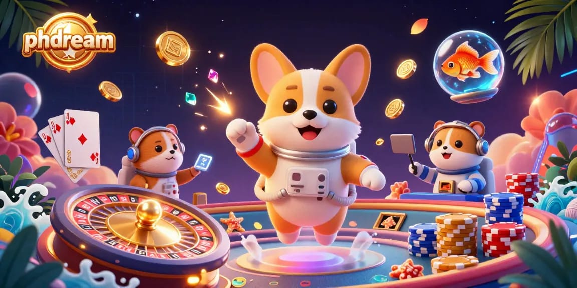 Experience thrill at Phdream with a 3D astronaut corgi and floating casino elements.