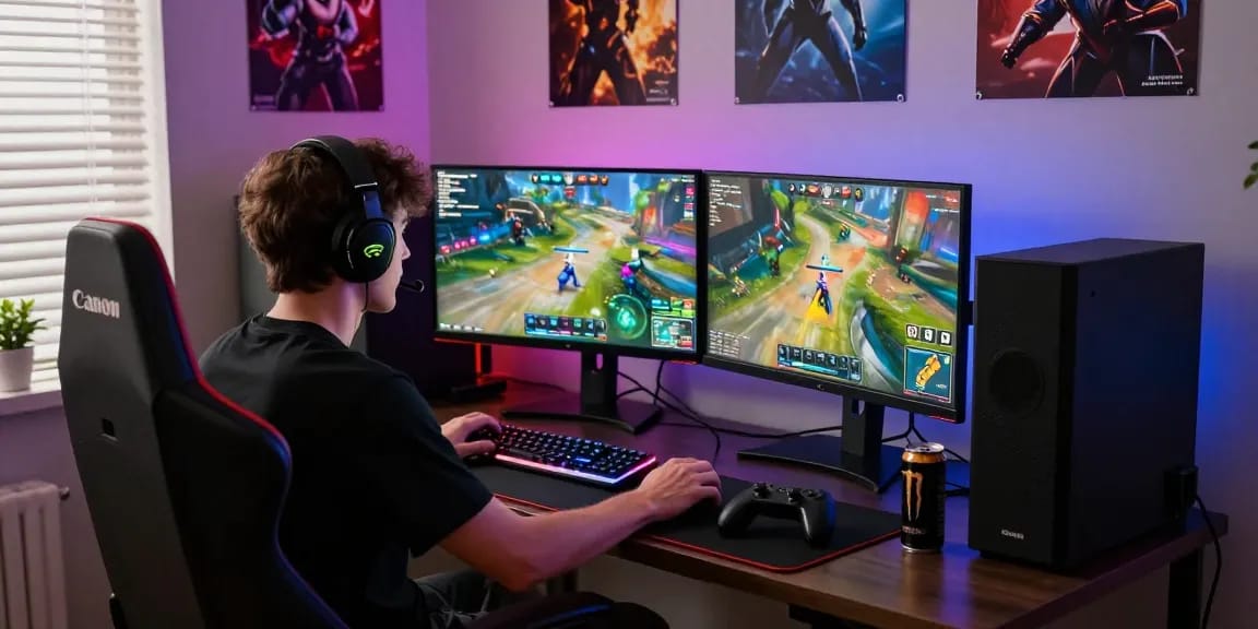 Online gaming setup featuring ok8386.guide with vibrant displays, RGB lighting, and a focused player.