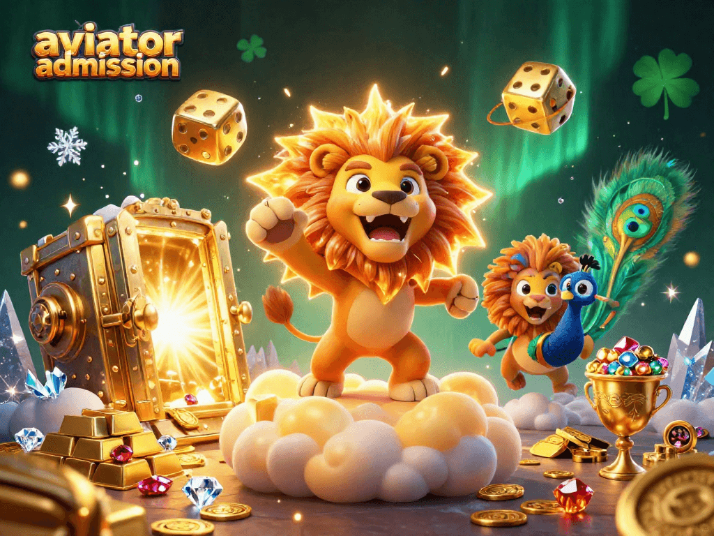Experience the thrill of aviator admission with a vibrant 3D casino illustration featuring animated characters and rich gold treasures.