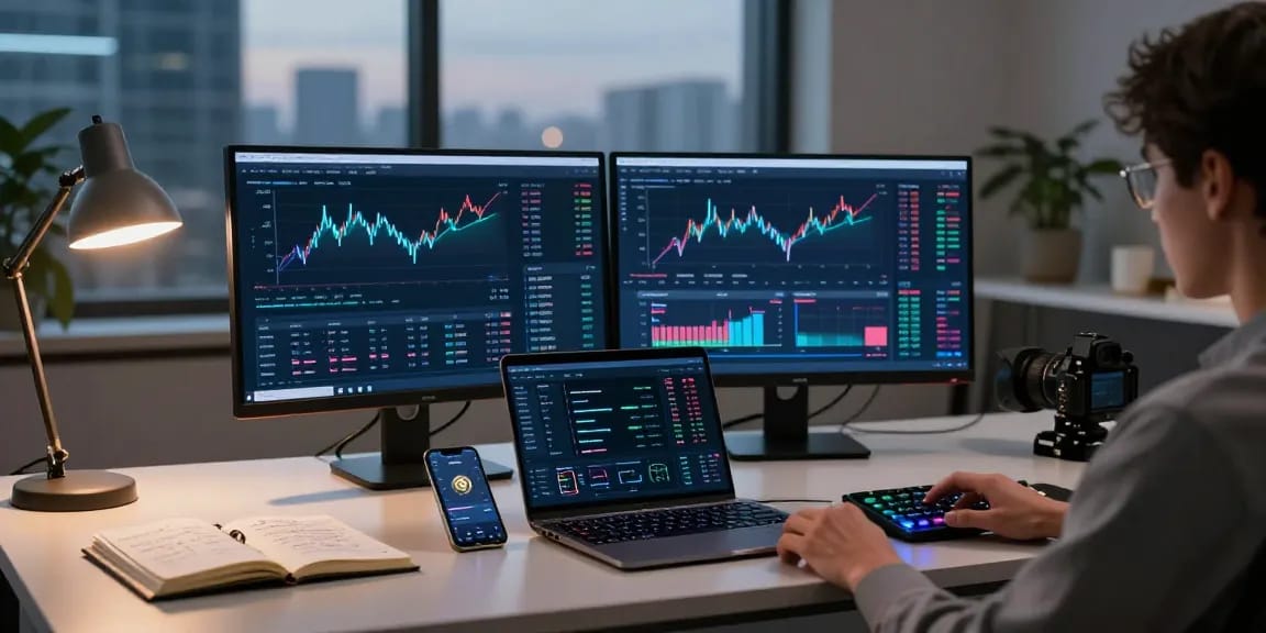 Cricbet99 trading workspace featuring cryptocurrency charts and a DeFi platform on multiple screens in a modern office.