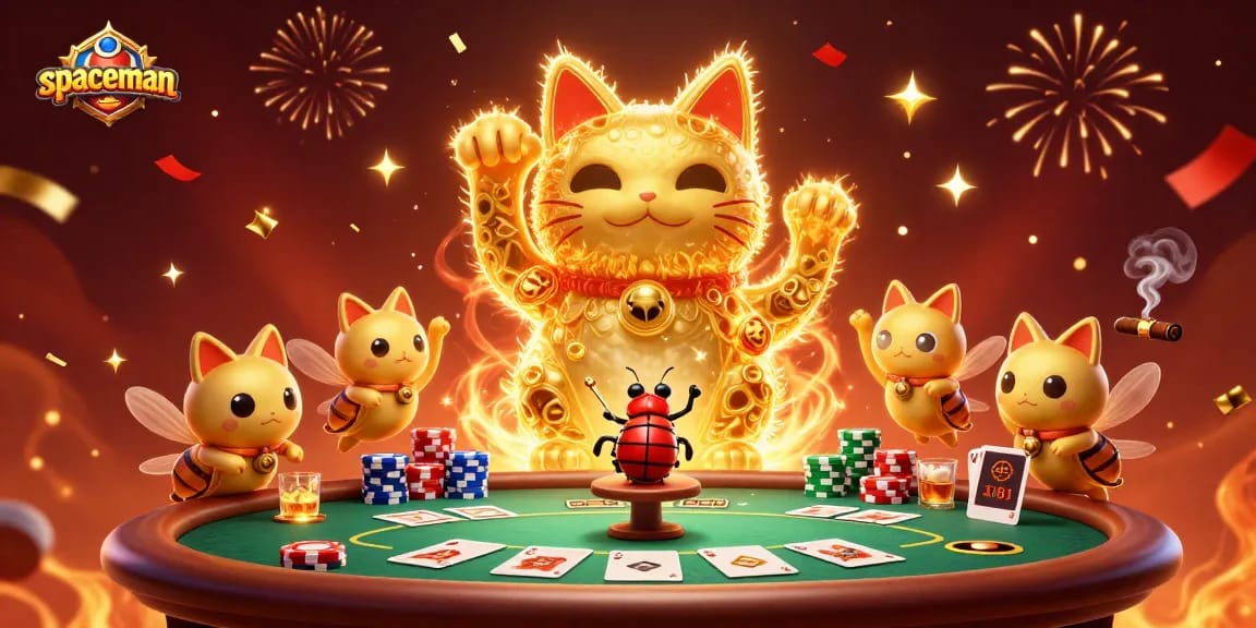 Enjoy winning strategies with Spaceman, a vibrant, action-packed casino scene featuring poker elements.