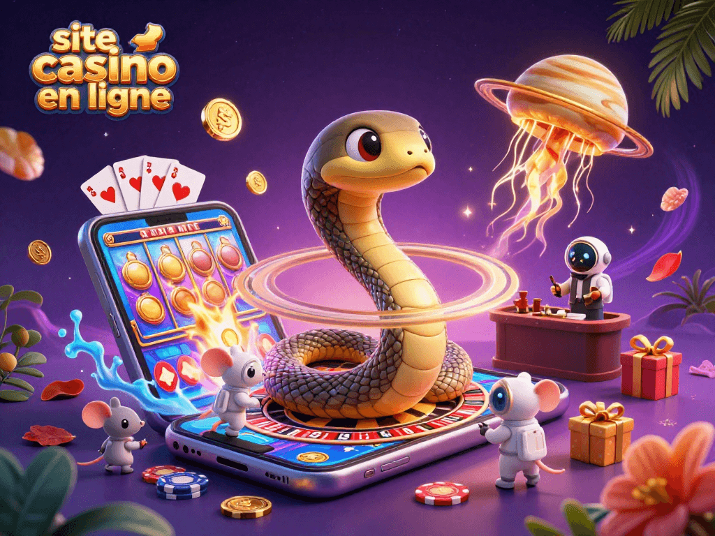 Site casino en ligne avec un serpent Saturne et des souris astronautes jouant aux jeux de casino dans l'espace.