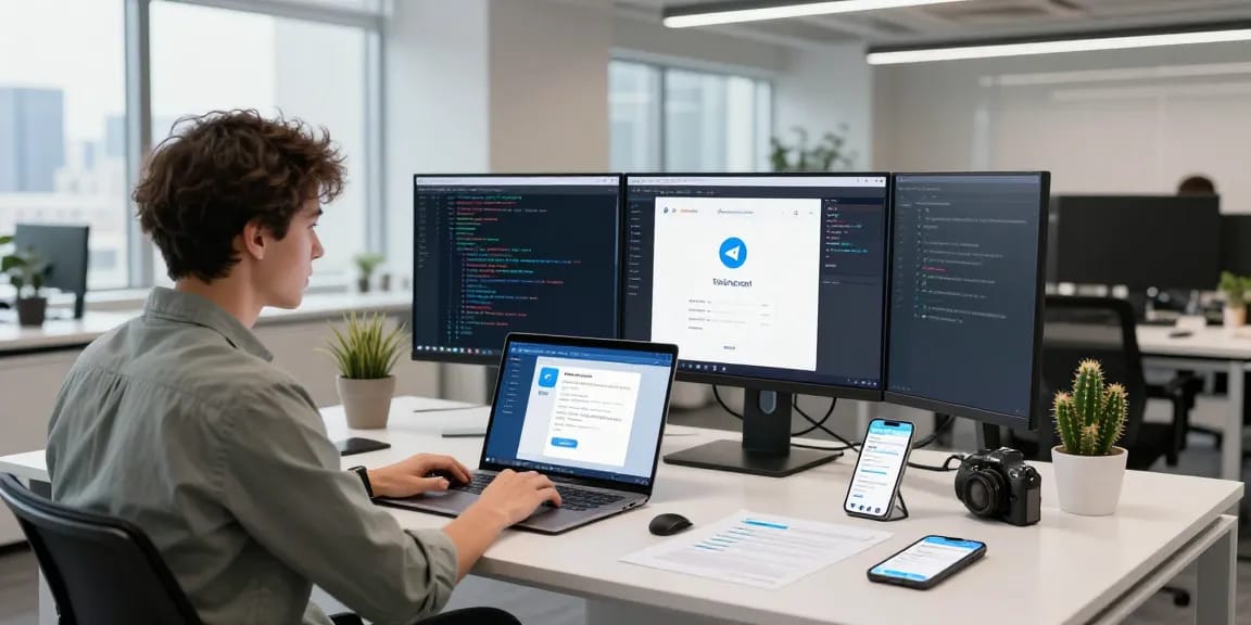 Dynamic tech workspace illustrating telegram china verification process with devices and screens.