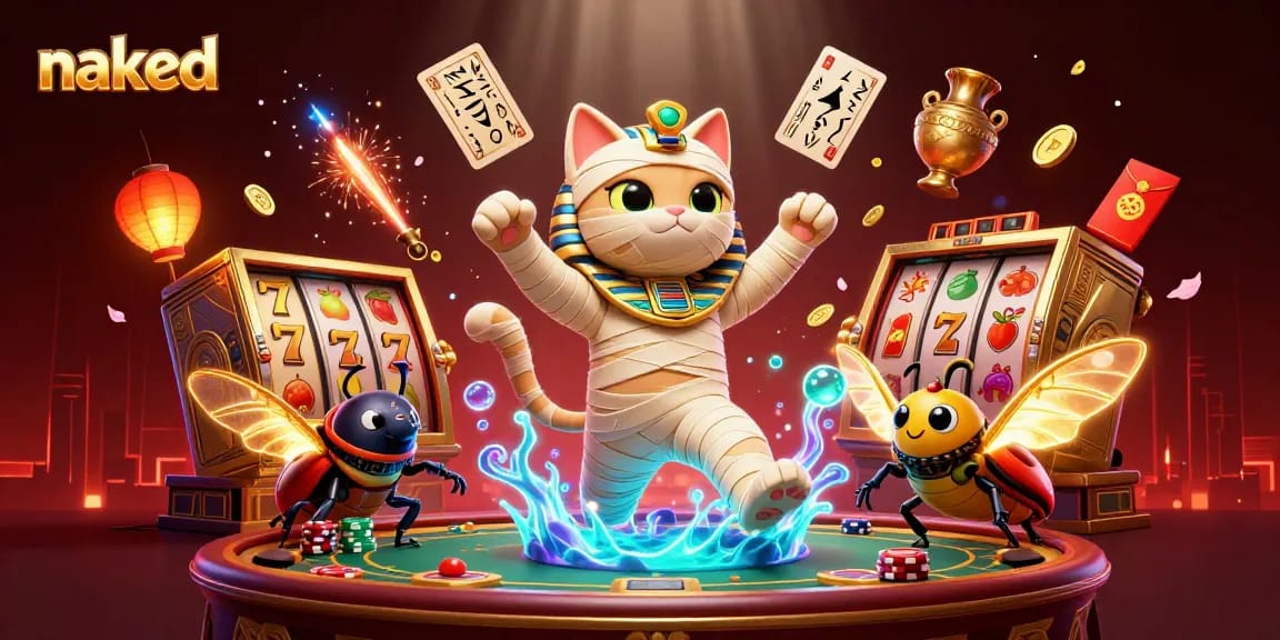 Spin lucky reels with naked Egyptian mummy cat in a vibrant casino scene.