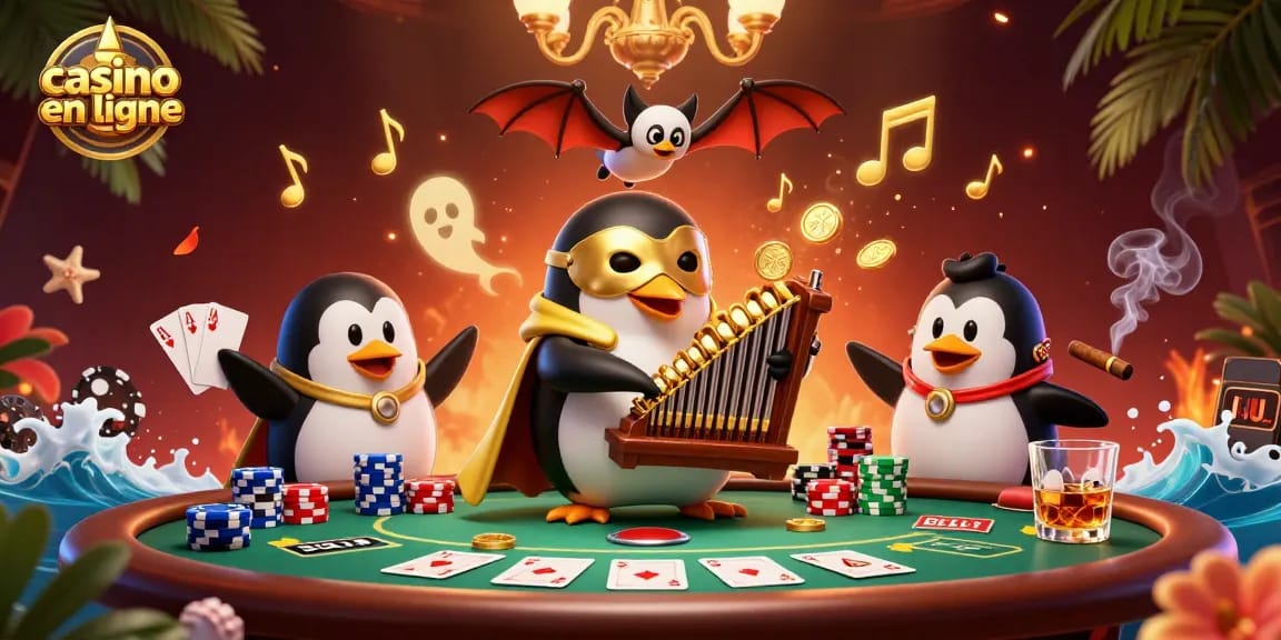 Jouez au casino en ligne avec un pingouin fantôme musical entouré de symboles de poker et de jetons colorés.
