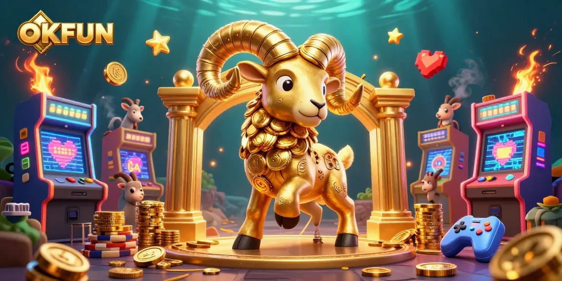Experience the excitement at OKFUN with vibrant games and dynamic casino elements surrounding a golden ram.
