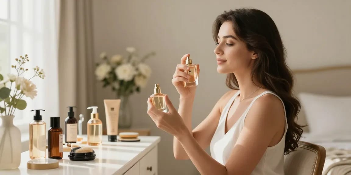 Applying مسك ملكي perfume in a luxurious bedroom with elegant beauty products.