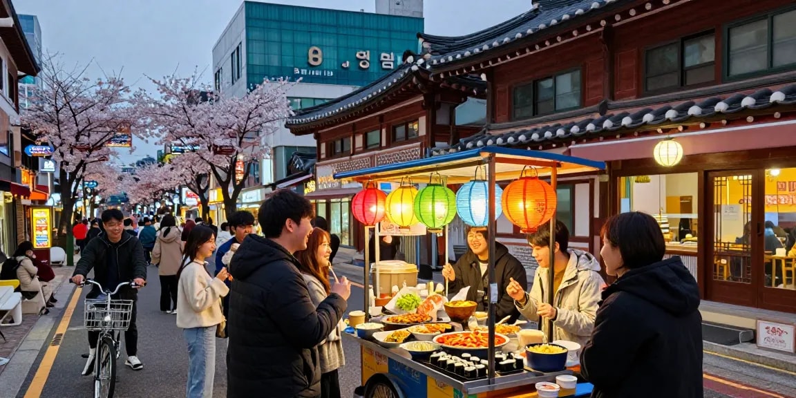 순천OP에서 즐거운 시간 보내는 친구들, 전통 음식과 활기찬 거리 분위기