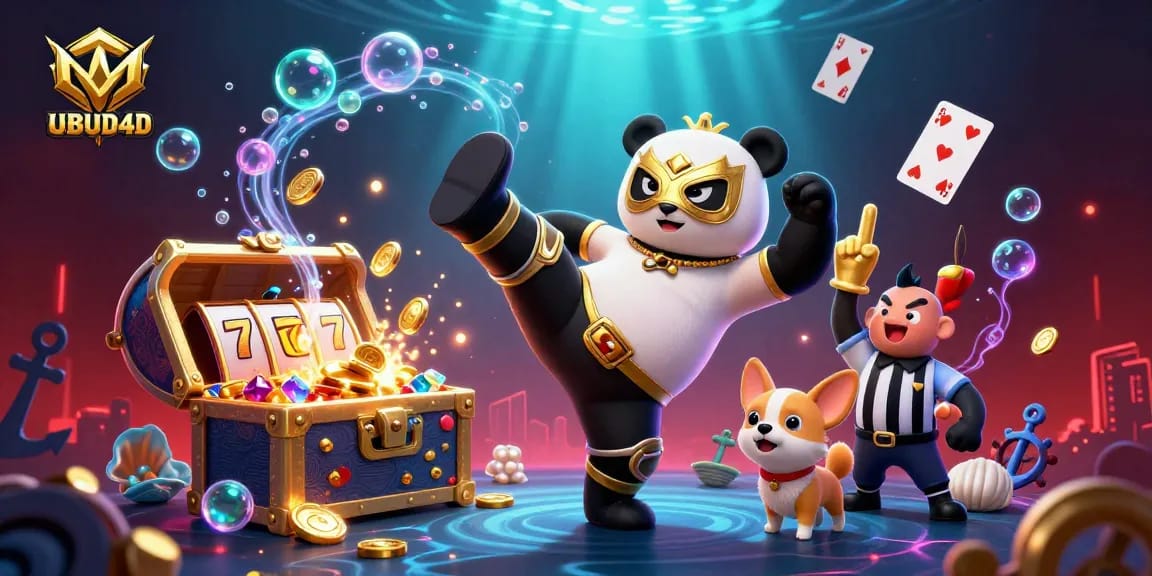 Engage with UBUD4D's thrilling slots, capturing a vibrant casino atmosphere of excitement and games.