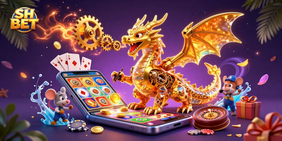 SH BET features a golden dragon and tiny engineer amidst slot games, emphasizing dynamic gambling action.