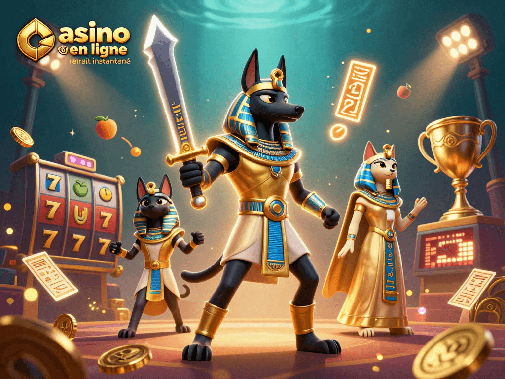Retrait instantané sur un casino en ligne avec Anubis et Bastet, éléments de jeux de casino autour.