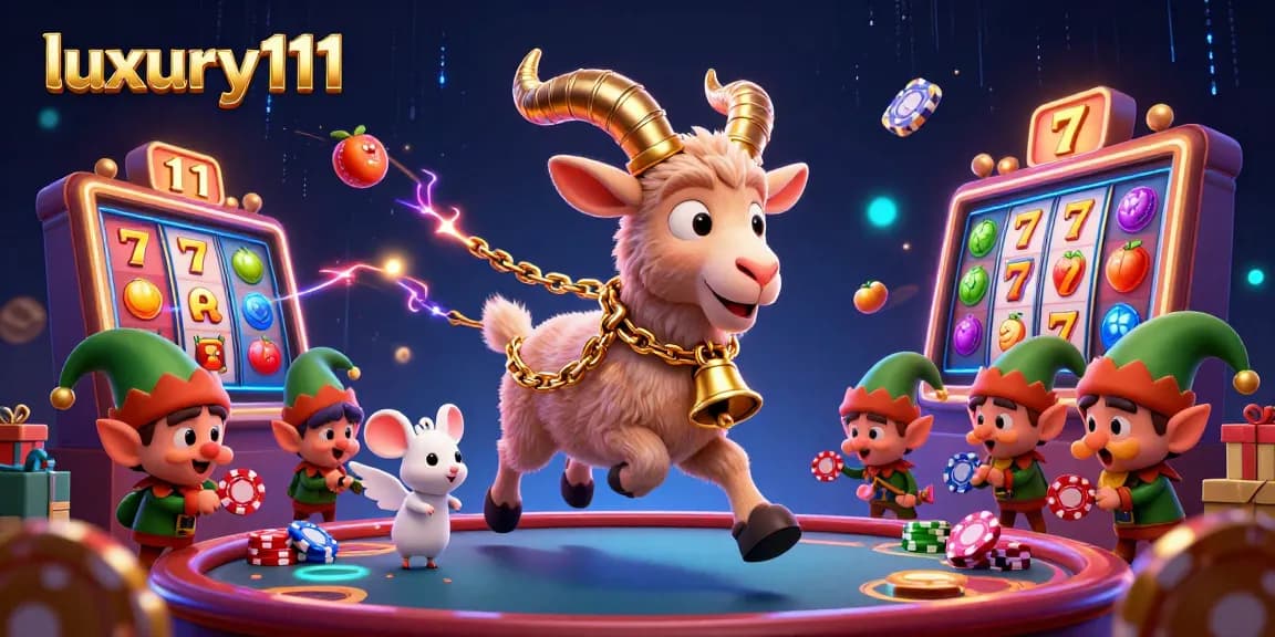 Experience thrilling wins at luxury111 with playful characters amidst a vibrant slot game scene.