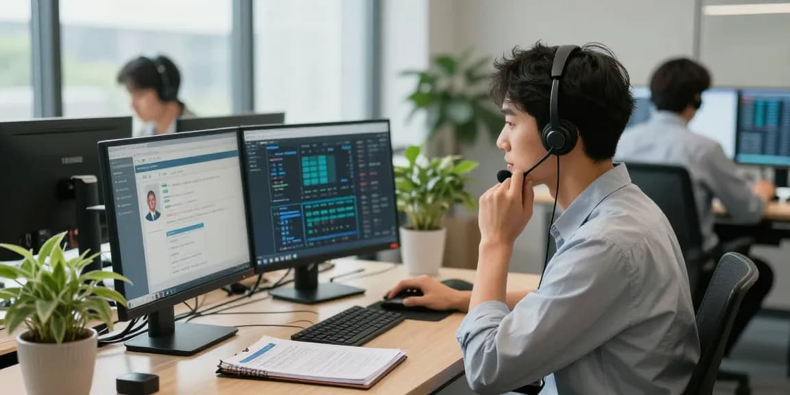 Customer support technician providing Telus-Technical-Support assistance in a contemporary office environment.
