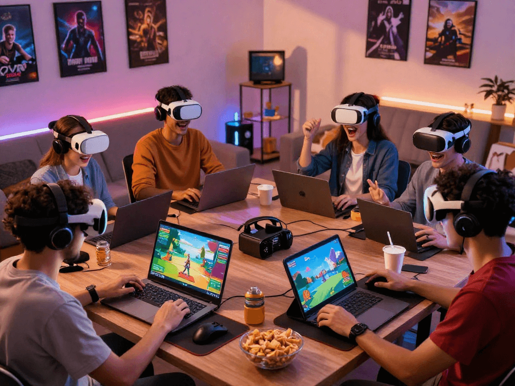 Engaged players enjoying diverse porngames on various devices in a vibrant gaming room.