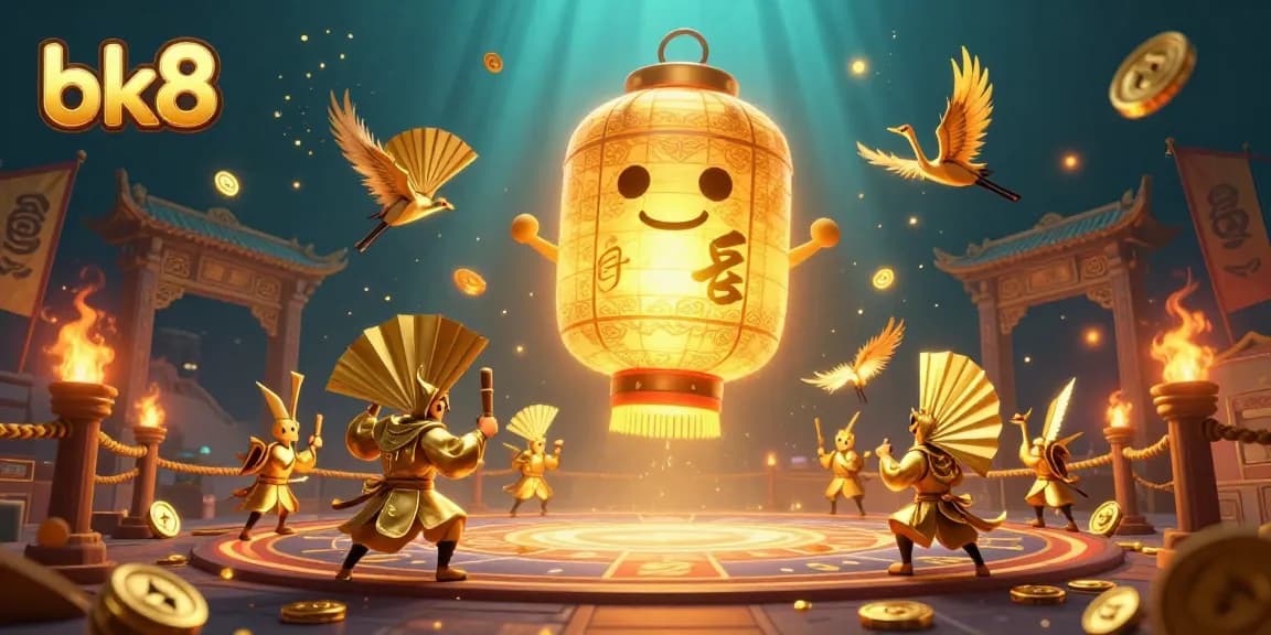 Engage with bk8's vibrant online casino scene featuring energetic characters, golden aspects, and dynamic game elements.