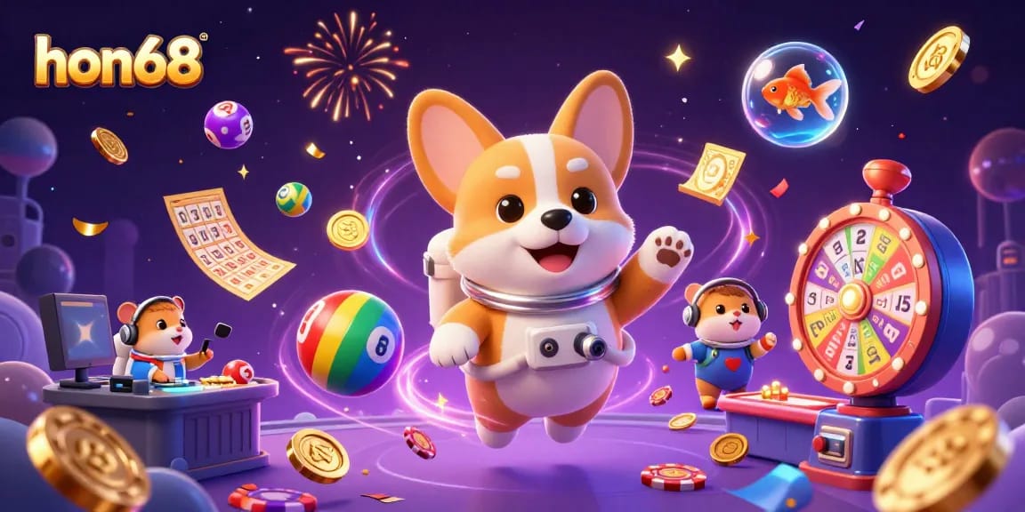 Engage in exciting gaming action with hon68 at a futuristic casino in space, featuring fun characters and vibrant elements.