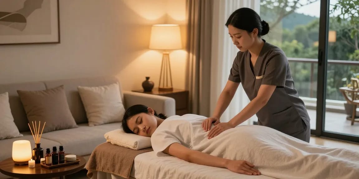 Relaxing 출장마사지 in a serene home environment with a professional therapist.