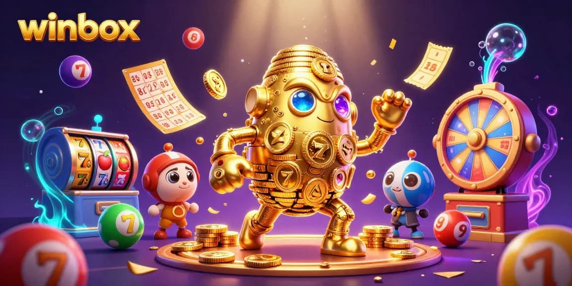 Winbox showcases exciting casino gameplay with a golden golem and lottery elements in vibrant 3D.