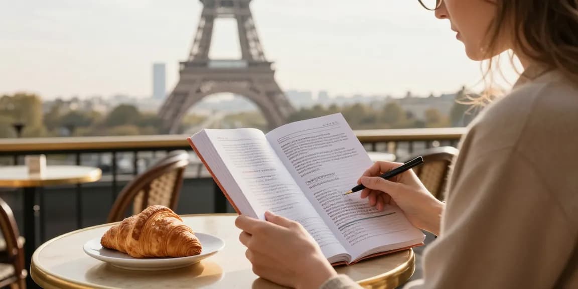 Französischkurse in Frankreich in einem Pariser Café mit Blick auf den Eiffelturm lernen.