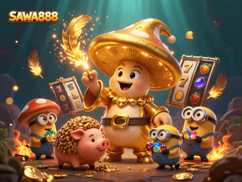 Experience SAWA888 magic with a golden mushroom wizard and treasure-hunting truffle pig in a vibrant casino scene.