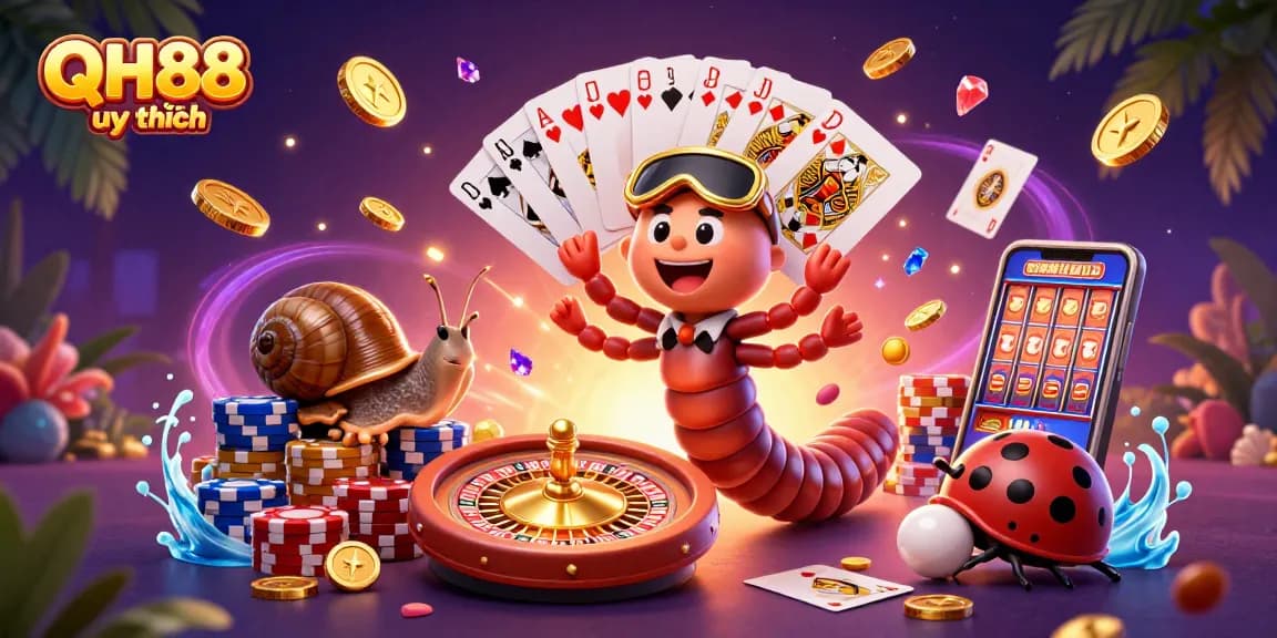 Experience the thrill of QH88 uy tín in this vibrant 3D casino illustration featuring a dynamic millipede dealer and action-packed elements.