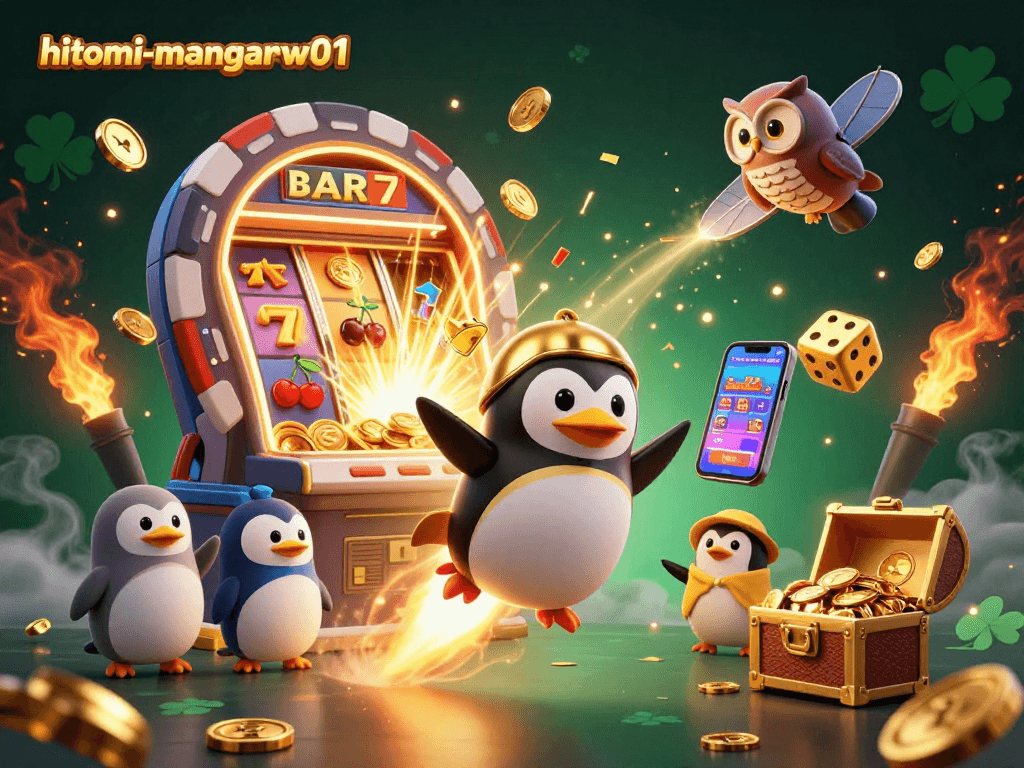 hitomi-mangaraw01 showcases a rocket-powered golden penguin soaring past a glowing casino space station.