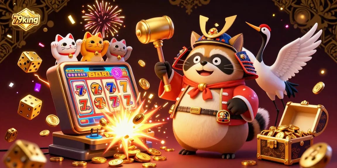 Experience playful luck at 79king with cheerful tanuki, crane, and waving cats around vibrant casino elements.