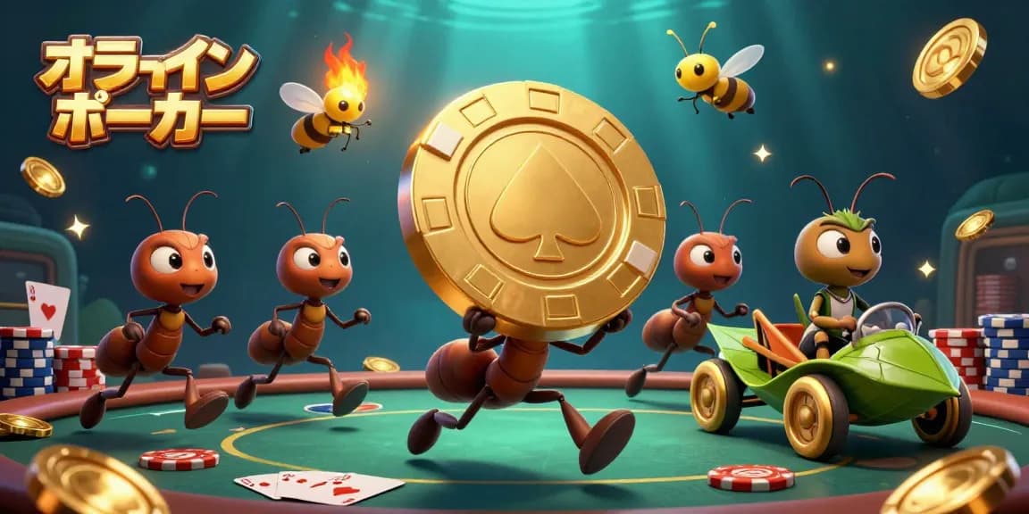オンラインポーカーでの大勝利を目指し、黄金のポーカーチップを運ぶアリたちの冒険