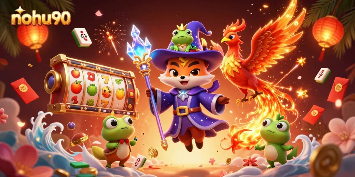 Nohu90 showcases a vibrant 3D slot gaming scene with mystical characters and dynamic casino elements.