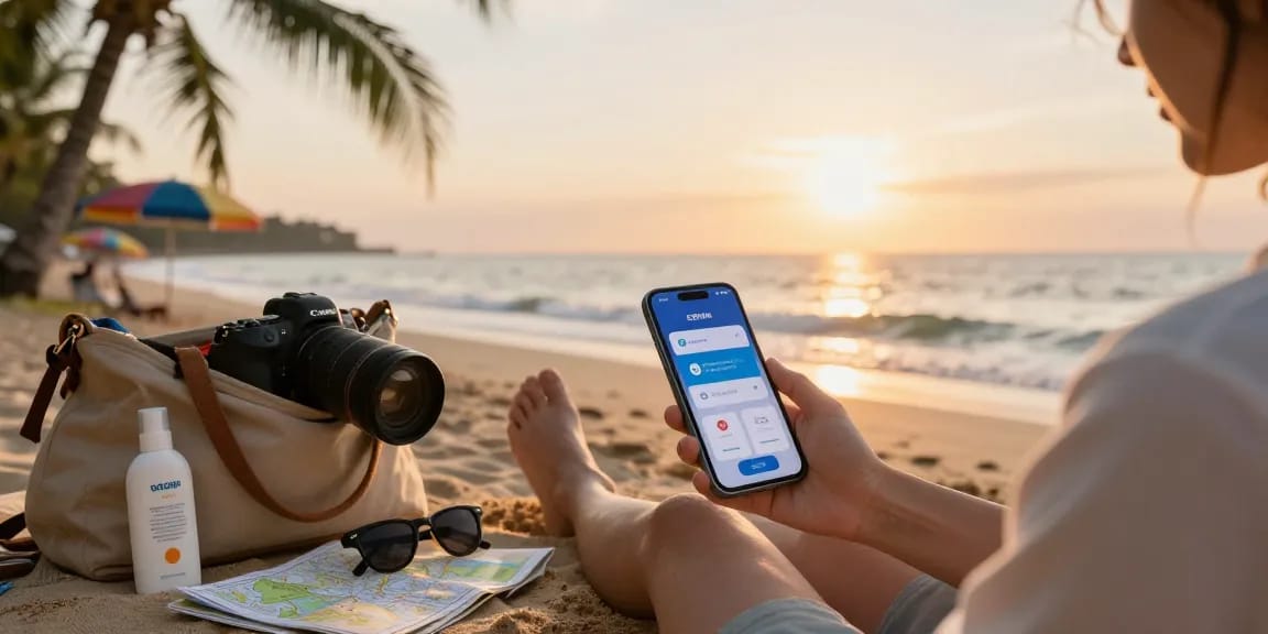Traveler checking eSIM कूपन (eSIM coupon) deals on a smartphone at sunset beach.