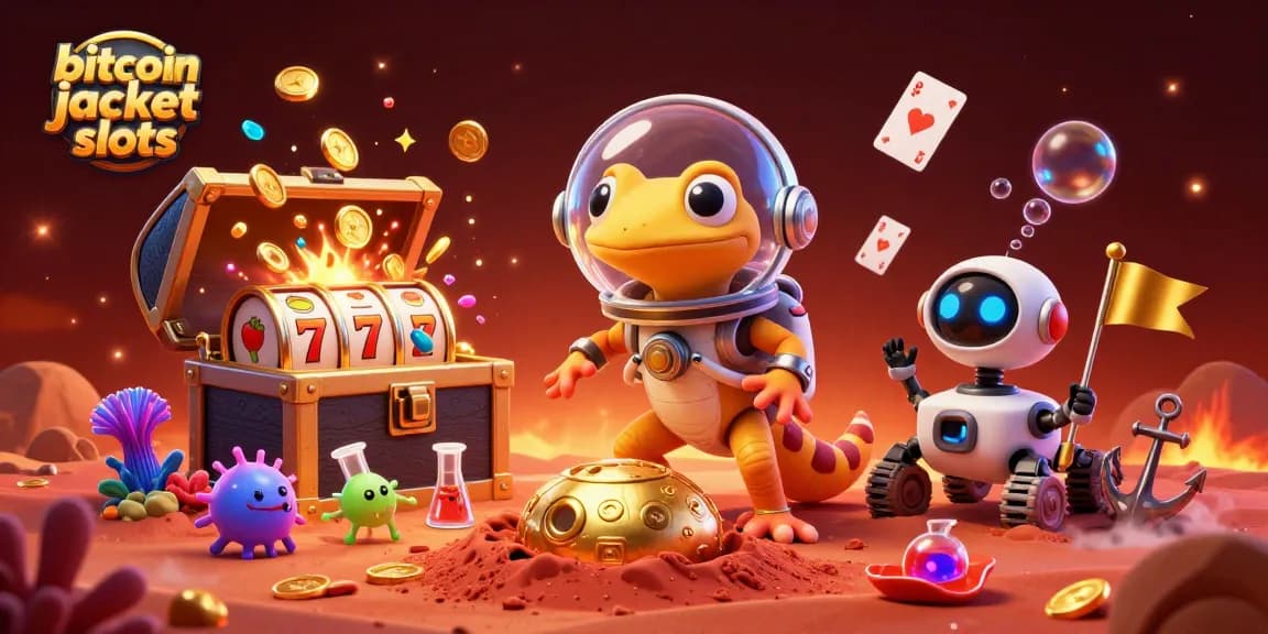 Experience thrilling bitcoin jackpot slots with a Martian gecko discovering a hidden casino.