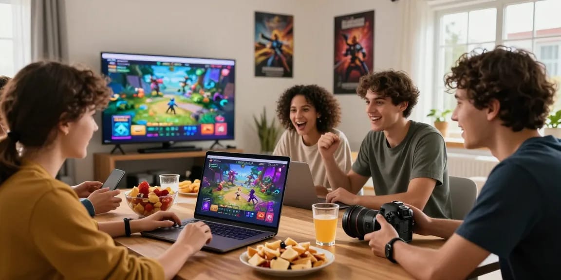 Antusiasme di antara teman-teman saat bermain game online JURAGAN77, dengan suasana ruang tamu yang hangat.