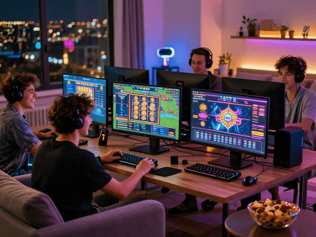 Engaging online gaming session with friends enjoying link alternatif raja328 in a cozy living room setup.