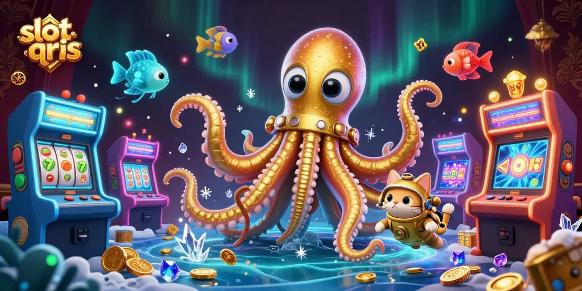 Play slot qris with an entertaining 3D kraken and diving cat in a rich casino illustration.