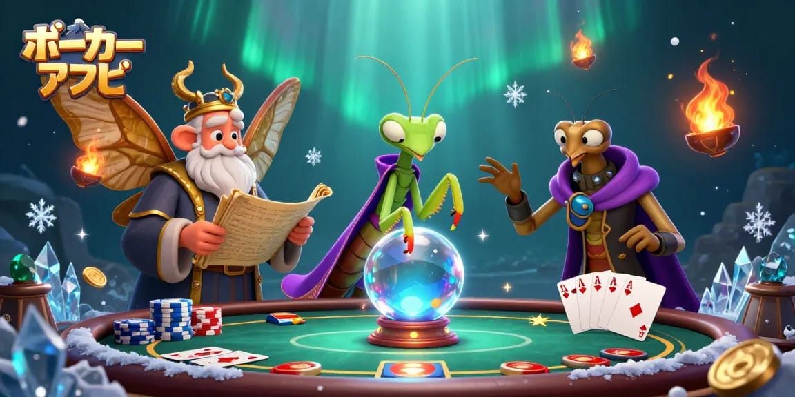 ポーカーアプリでの勝負を楽しむユニークなキャラクターたちが集う非常に詳細なイラスト。