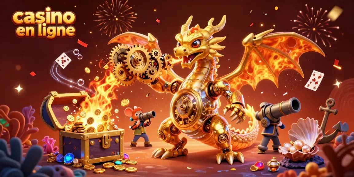 Jouez et gagnez sur un casino en ligne avec un dragon mécanique et des trésors animés.
