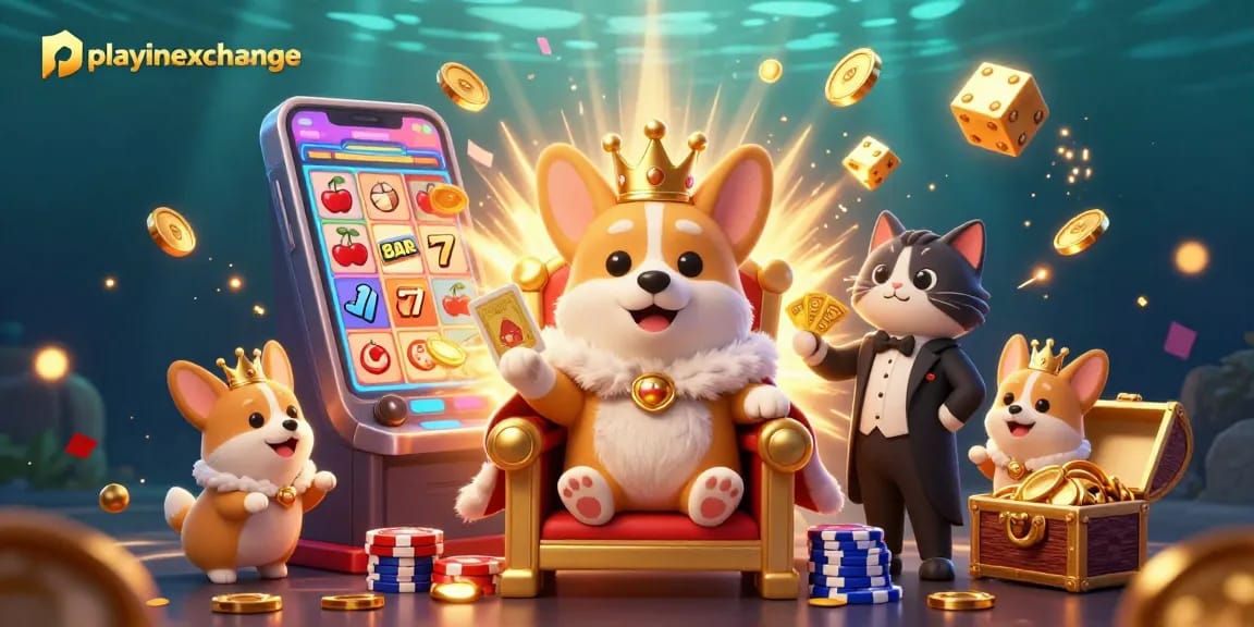Engage in thrilling gameplay with playinexchange's royal corgi throne surrounded by vibrant casino elements.