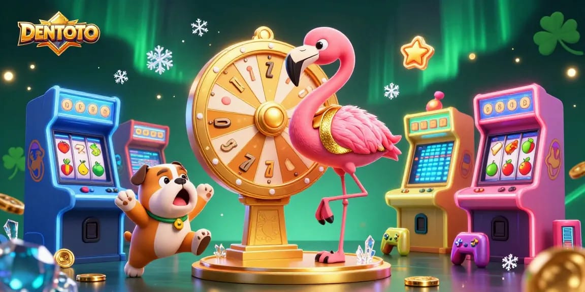 DENTOTO offers thrilling prizes in vibrant 3D casino illustration with game host, contestant, and prizes!