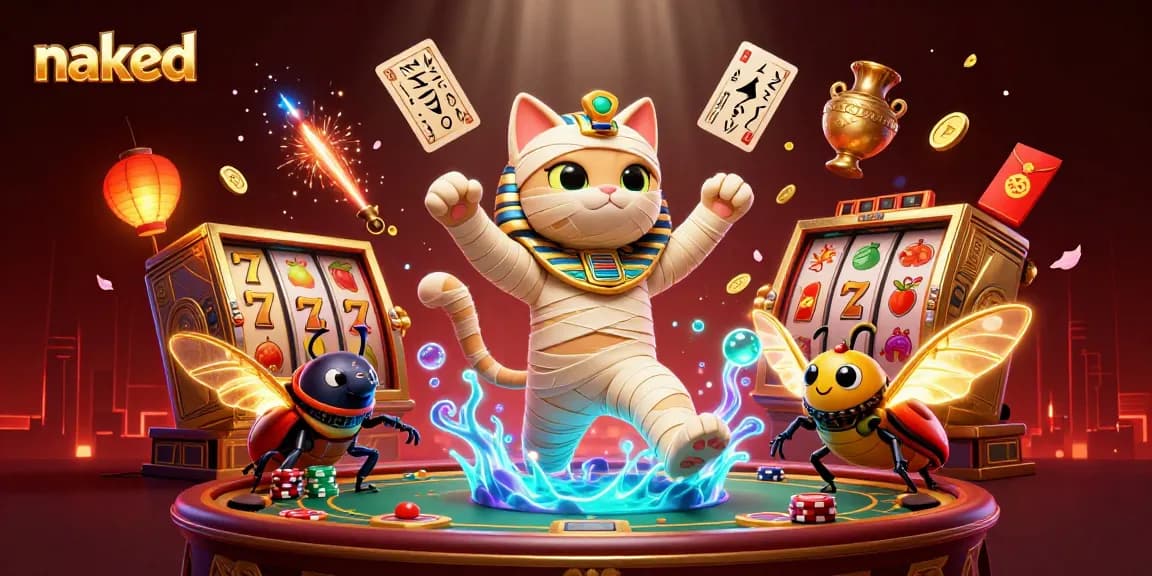 Spin lucky reels with naked Egyptian mummy cat in a vibrant casino scene.
