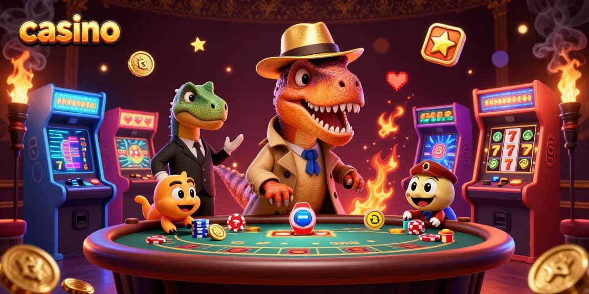 Engaging casino scene with a velociraptor card counter, stegosaurus pit boss, and compy pickpocket.