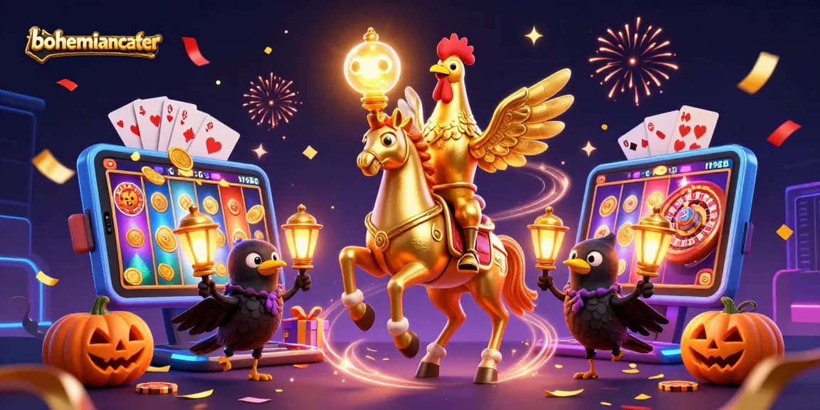 Engage with bohemiancater's vibrant casino illustration featuring a golden rooster amidst gaming elements.
