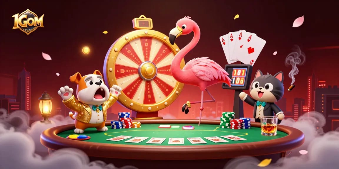 1GOM showcases a dynamic gaming scene with characters celebrating big wins and vibrant casino elements.