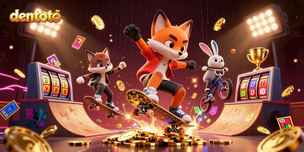 Experience excitement at dentoto, featuring a skateboarder fox and BMX rabbit in a vibrant casino scene.