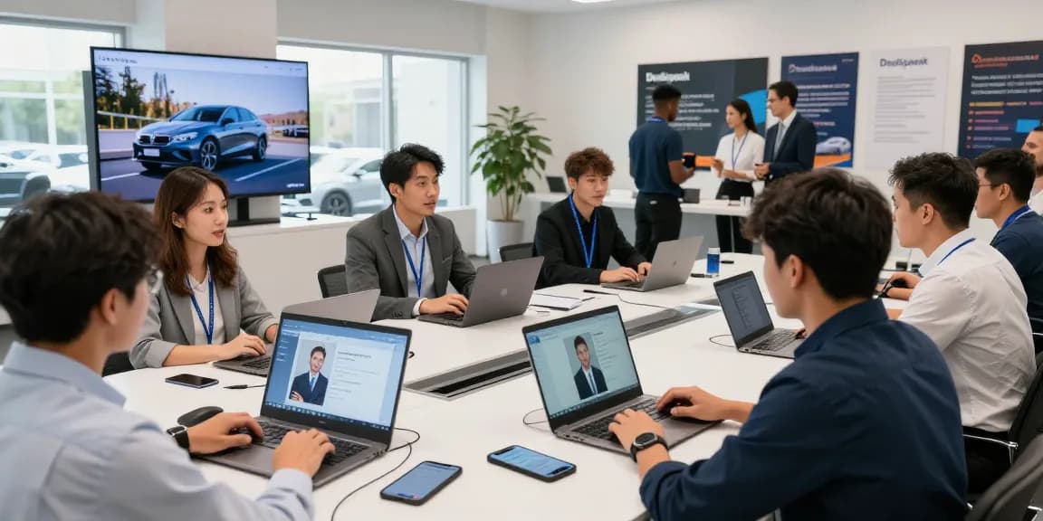 DealSpeak AI training team in a dealership enhancing customer interactions with voice scenarios.