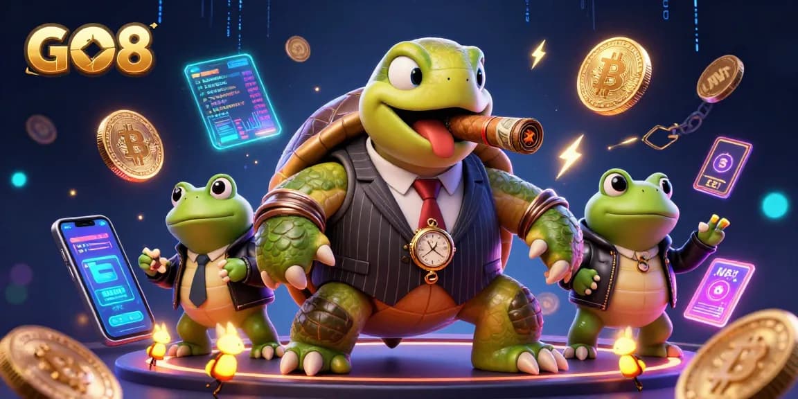 Experience the excitement of GO8 casino with a vivid 3D illustration of characters enjoying games.