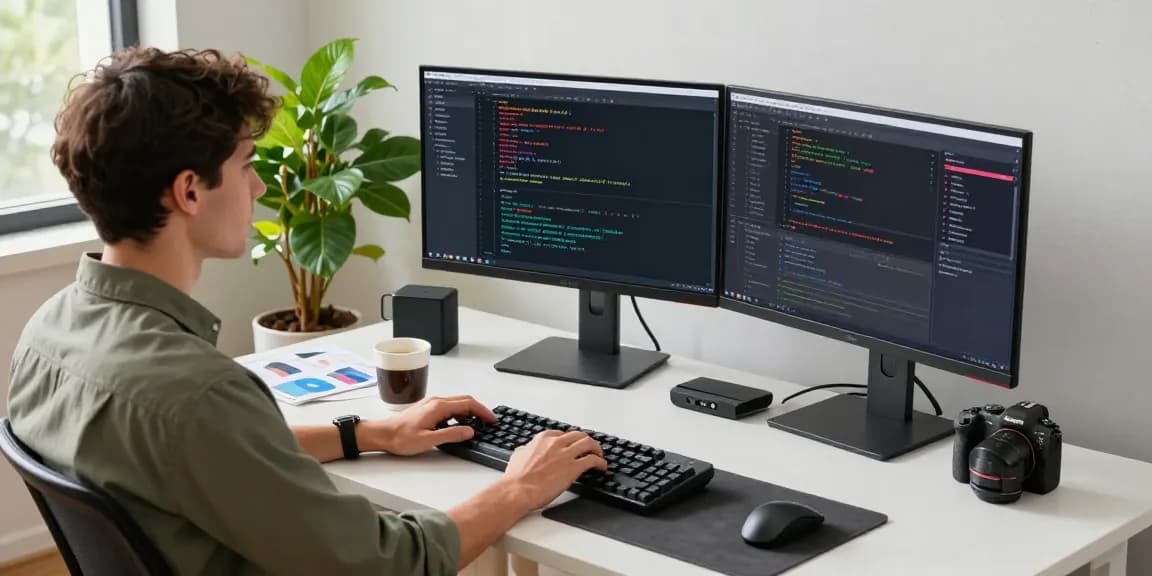快连 software development workspace showcasing dual monitors, coding environment, and tech gadgets for enhanced performance.