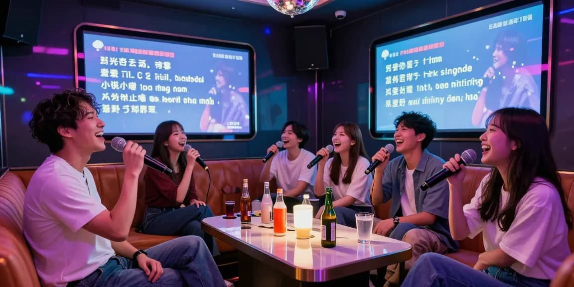 Friends enjoying 강남가라오케 singing together in a vibrant karaoke room.