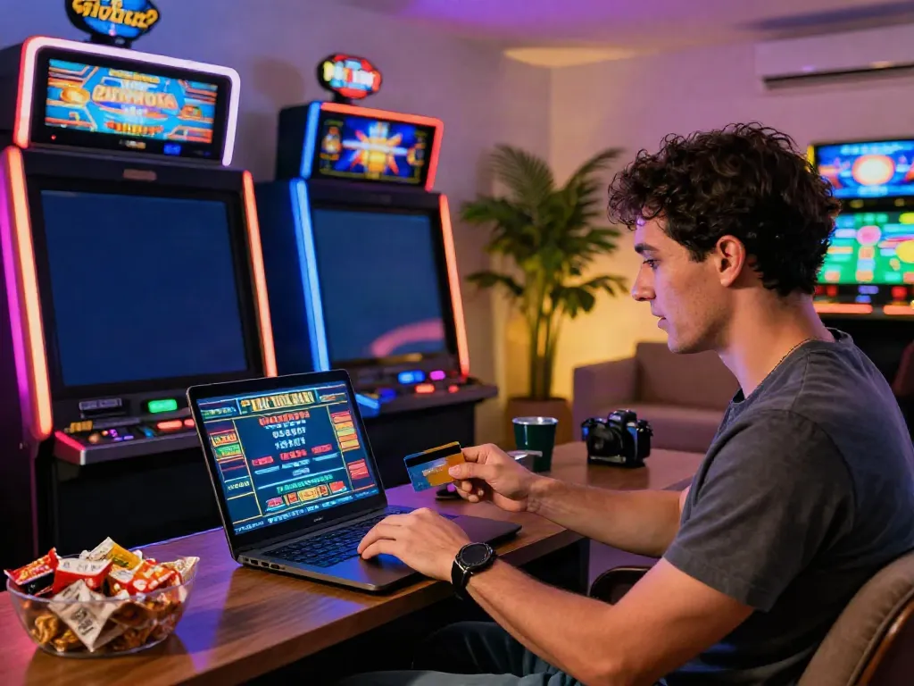 Excited player engaging with credit card casinos UK while gaming at home with vibrant screens and snacks.
